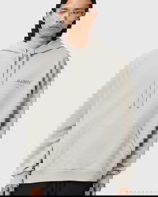 AllSaints hanorac de bumbac FUTURE culoarea gri, cu glugă, cu imprimeu, M002ND