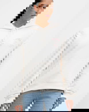 Tommy Jeans hanorac de bumbac culoarea bej, cu glugă, cu imprimeu, DW0DW21785