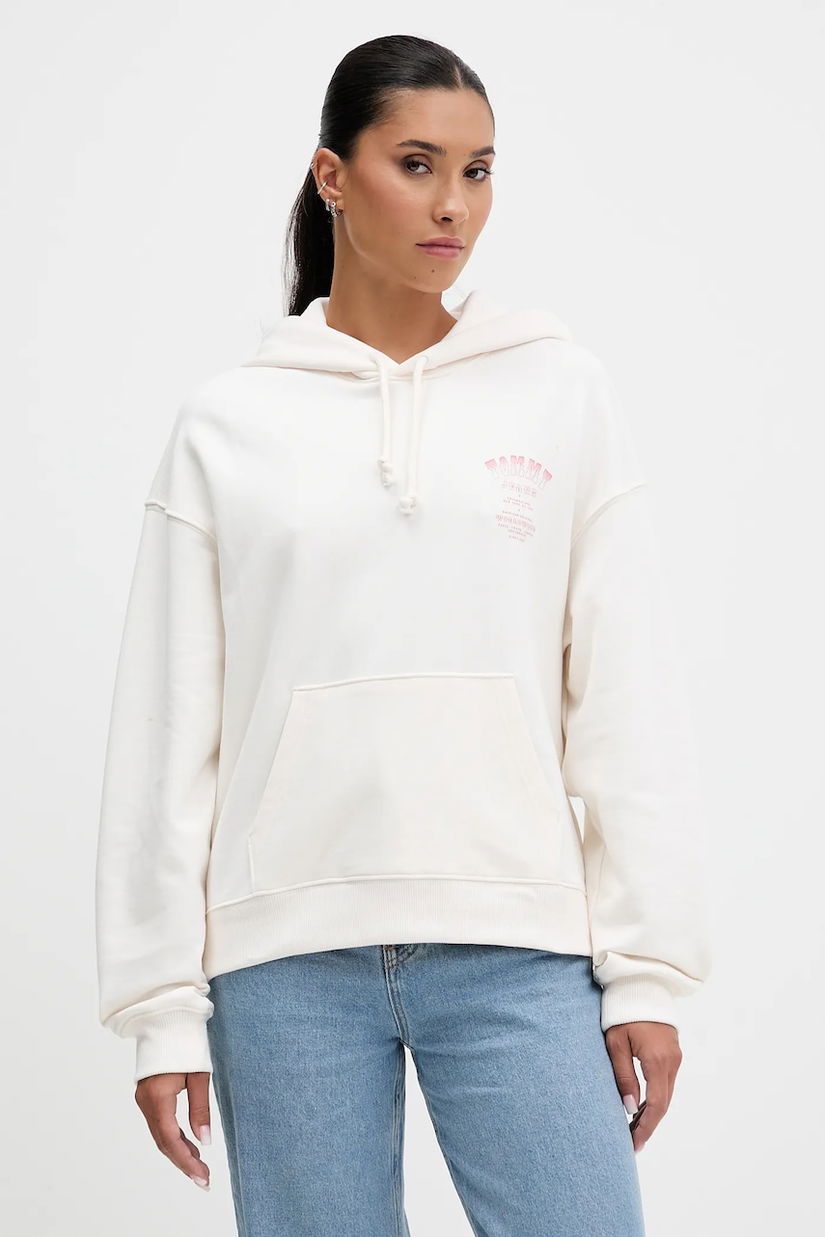 Tommy Jeans hanorac de bumbac culoarea bej, cu glugă, cu imprimeu, DW0DW21785