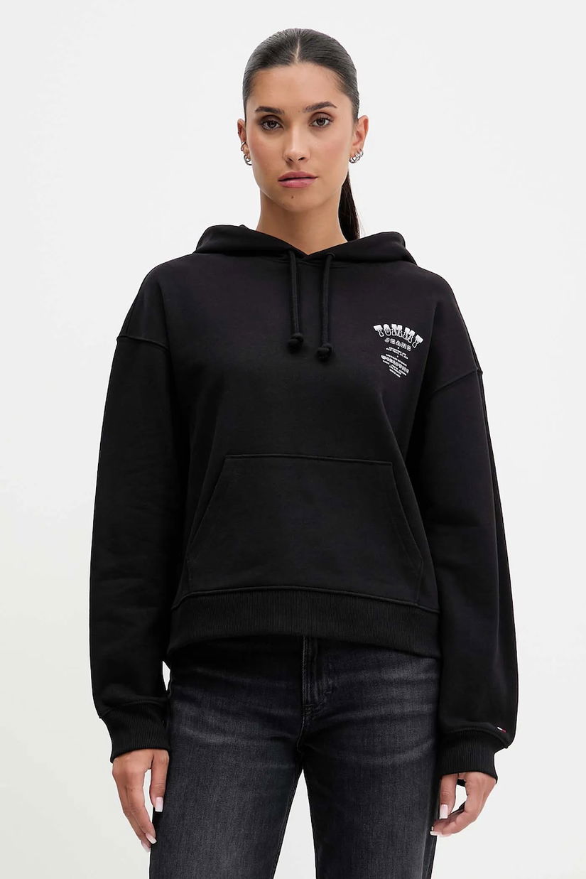 Tommy Jeans hanorac de bumbac culoarea negru, cu glugă, cu imprimeu, DW0DW21785