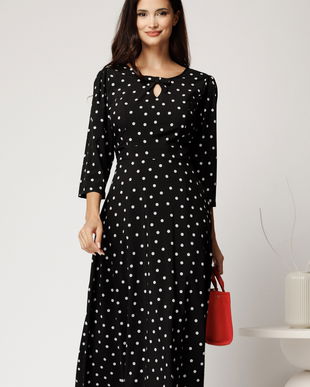 Rochie midi neagra cu buline din viscoza in clos cu funda si decupaj la decolteu