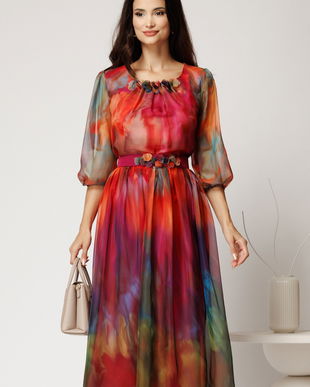 Rochie midi orange din voal cu imprimeuri magenta si cordon cu flori in talie