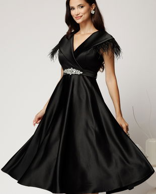 Rochie midi neagra din tafta cu pene la umeri si cordon in talie