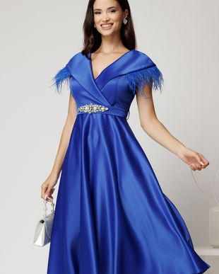 Rochie midi albastra din tafta cu pene la umeri si cordon in talie