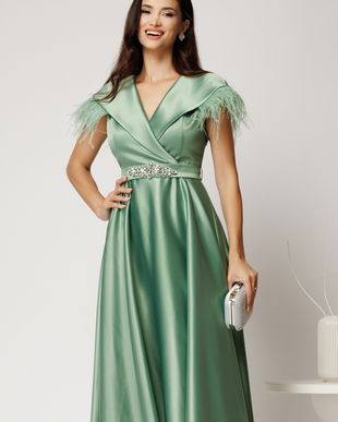 Rochie midi verde crud din tafta cu pene la umeri si cordon in talie