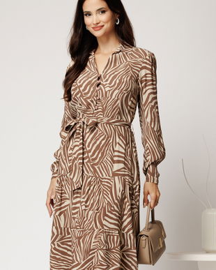 Rochie midi cu zebra print maro din viscoza cu nasturi pe bust si cordon in talie