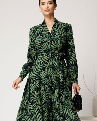 Rochie midi cu frunze verzi din viscoza cu nasturi pe bust si cordon in talie