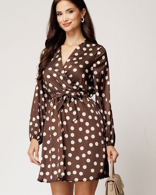 Rochie scurta maro din satin cu buline albe si cordon in talie