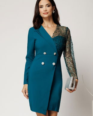 Rochie Sasha scurta verde din stofa cu croi conic si bust din paiete