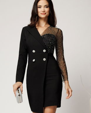 Rochie Sasha scurta neagra din stofa cu croi conic si bust din paiete