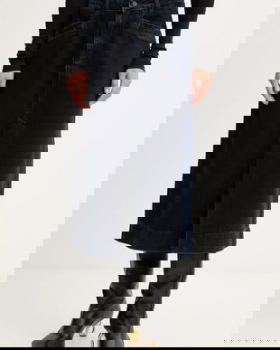 BOSS fustă jeans culoarea bleumarin, midi, evazați, 50551422