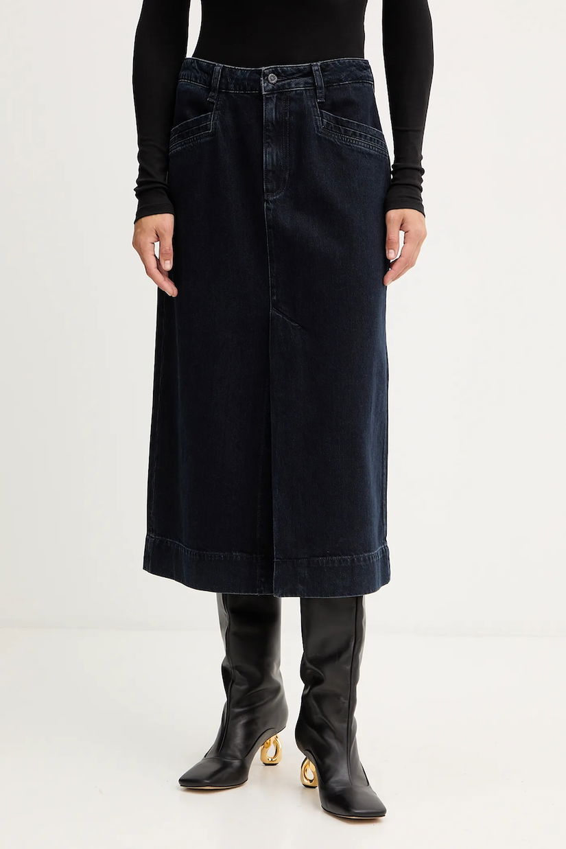 BOSS fustă jeans culoarea bleumarin, midi, evazați, 50551422