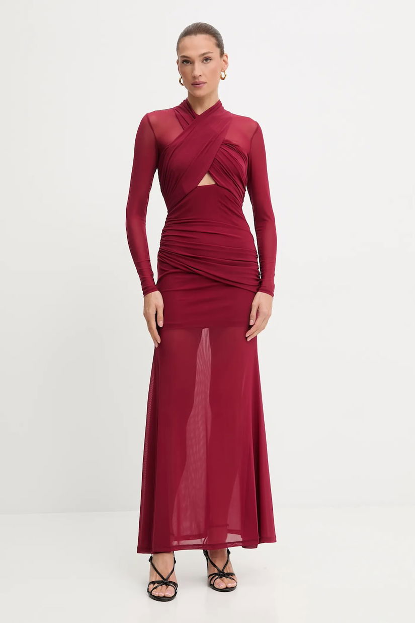 Bardot rochie culoarea maro, maxi, mulată, 59987DB