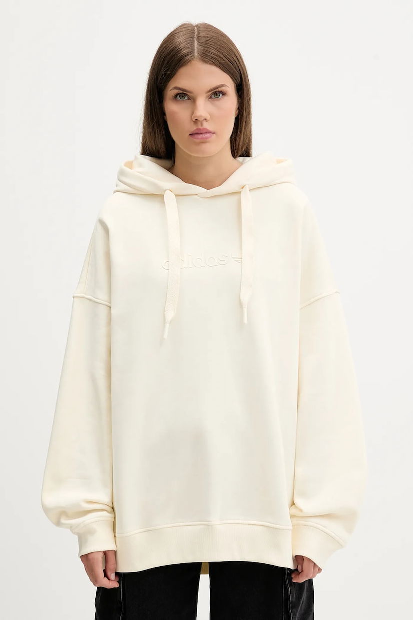 adidas Originals bluză Essentials culoarea bej, cu glugă, cu imprimeu, JX5495