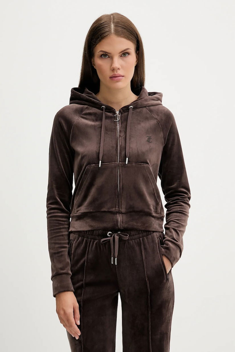 Juicy Couture bluză din velur culoarea maro, cu glugă, uni, JCWAS225306