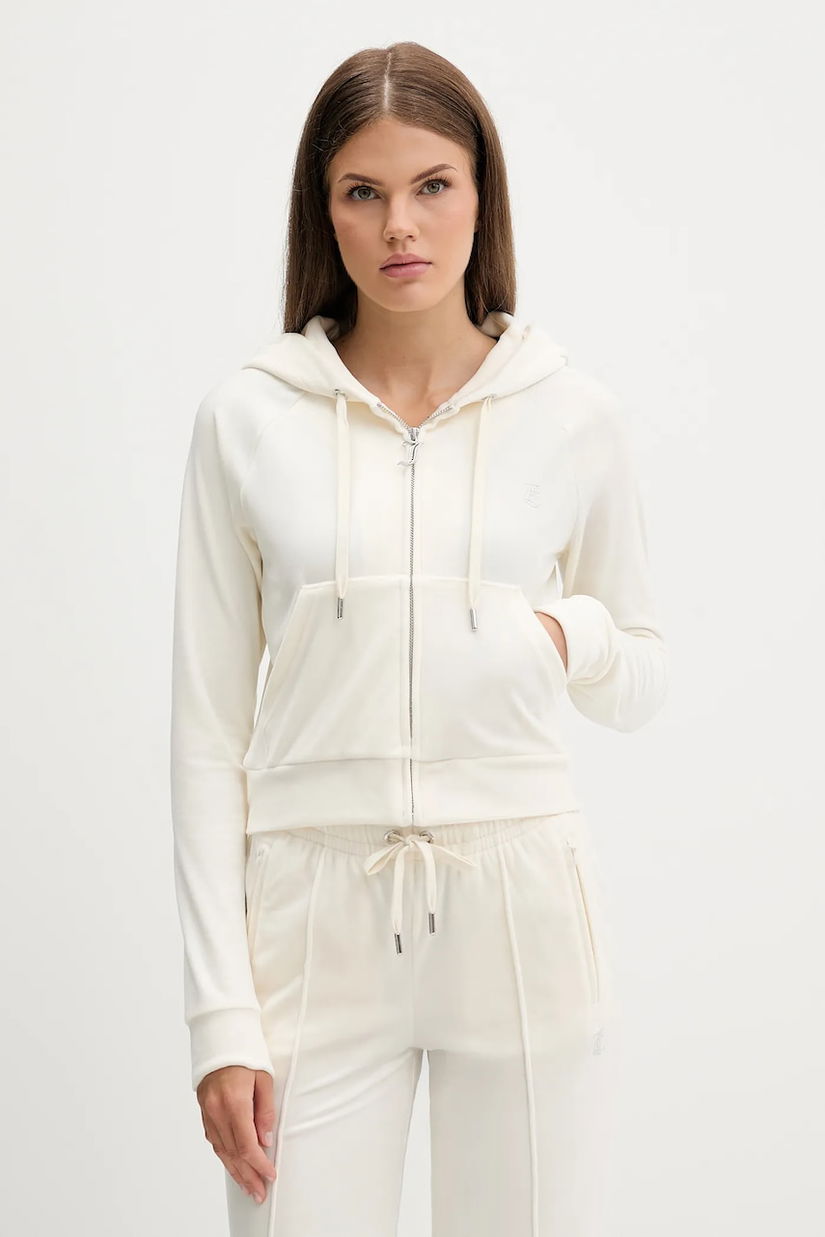 Juicy Couture bluză din velur culoarea bej, cu glugă, uni, JCWAS225306