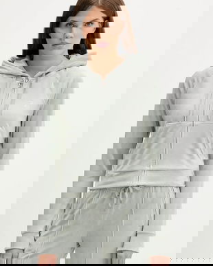 Juicy Couture bluză din velur culoarea gri, cu glugă, uni, JCWAS225306