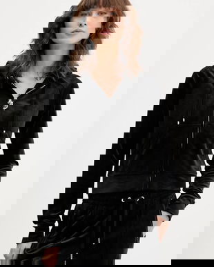 Juicy Couture bluză din velur culoarea negru, cu glugă, uni, JCWAS225306