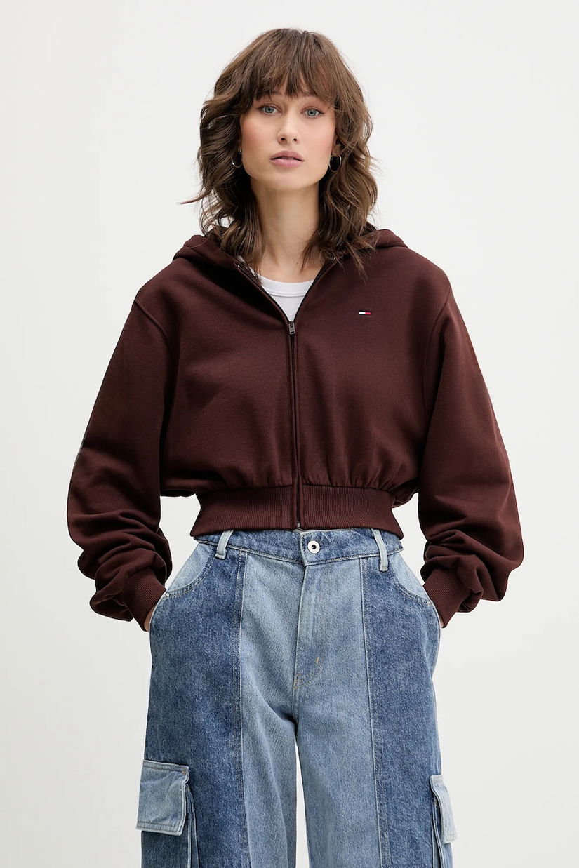 Tommy Jeans hanorac de bumbac culoarea maro, cu glugă, uni, DW0DW21590