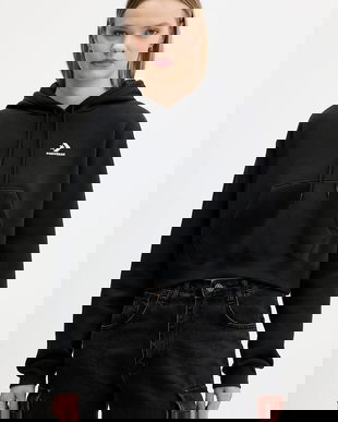 Converse bluză culoarea negru, cu glugă, uni, CVW5K527