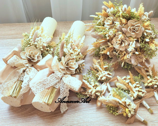 Lumanari nunta fagure 35x 6 cm si Buchet 20 cm cu flori uscate si stabilizate