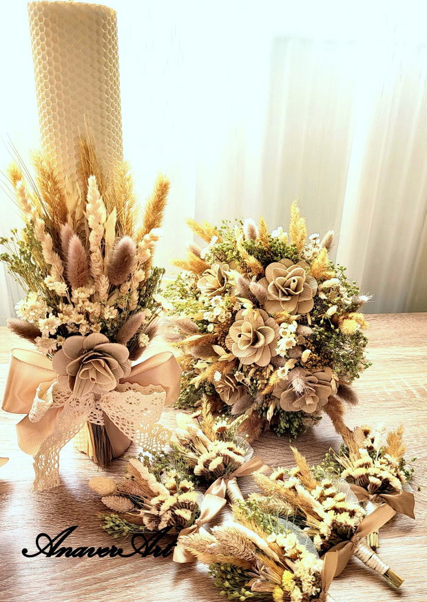 Lumanari nunta fagure 35x 6 cm si Buchet 20 cm cu flori uscate si stabilizate