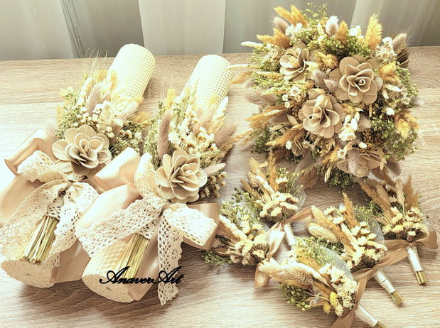 Lumanari nunta fagure 35x 6 cm si Buchet 20 cm cu flori uscate si stabilizate