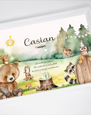 Set aniversar personalizat 1 anisor - Forest party - Tavita mot si accesorii