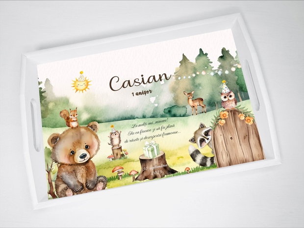 Set aniversar personalizat 1 anisor - Forest party - Tavita mot si accesorii