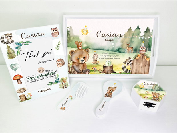 Set aniversar personalizat 1 anisor - Forest party - Tavita mot si accesorii