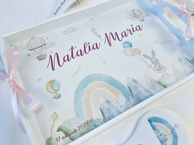 Set aniversar personalizat 1 anisor - Little bunny with hot air balloon - Tavita turta si accesorii