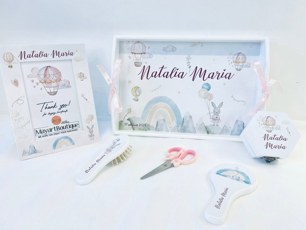 Set aniversar personalizat 1 anisor - Little bunny with hot air balloon - Tavita turta si accesorii