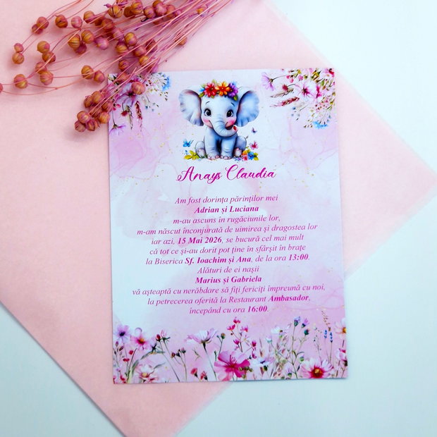 Invitatii Botez Elefantel Roz