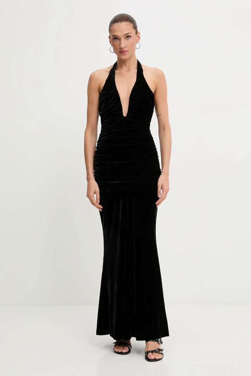 Bardot rochie de catifea culoarea negru, maxi, evazați, 60117DB