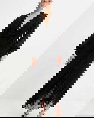 Bardot rochie culoarea negru, maxi, evazați, 59944DB