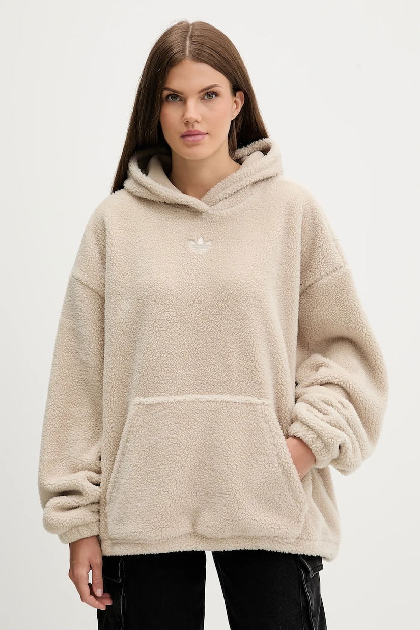 adidas Originals hanorac fleece Teddy culoarea bej, cu glugă, cu imprimeu, JW6061