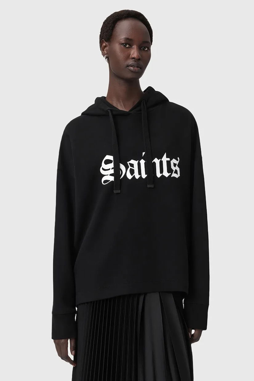 AllSaints hanorac de bumbac SAINT culoarea negru, cu glugă, cu imprimeu, W140JD