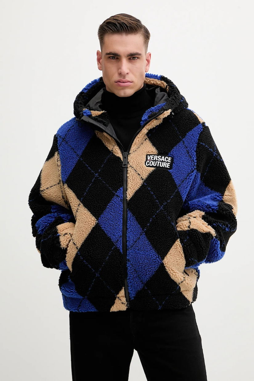 Versace Jeans Couture hanorac fleece culoarea negru, cu glugă, cu imprimeu, 79GAS406 U0030