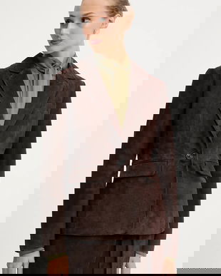 Never Fully Dressed geacă de piele întoarsă culoarea maro, un singur rând de nasturi, uni, NFDOU409