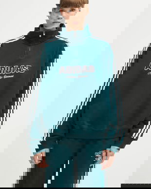 adidas Originals hanorac de bumbac Quarter Zip culoarea verde, cu imprimeu, KF2309