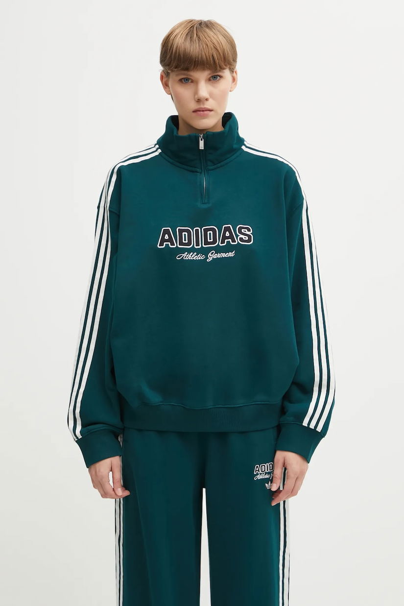 adidas Originals hanorac de bumbac Quarter Zip culoarea verde, cu imprimeu, KF2309
