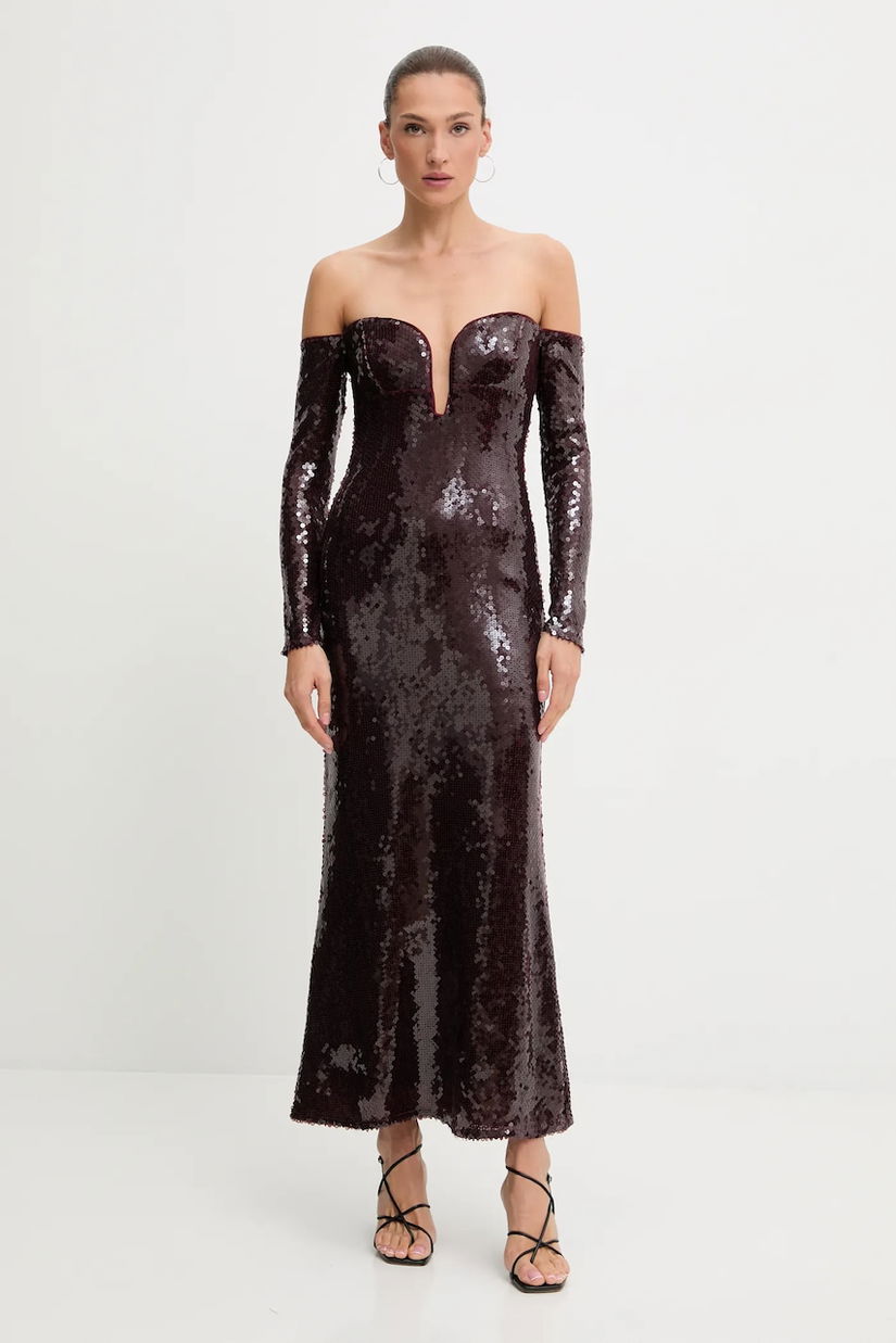 Bardot rochie culoarea bordo, midi, mulată, 59908DB