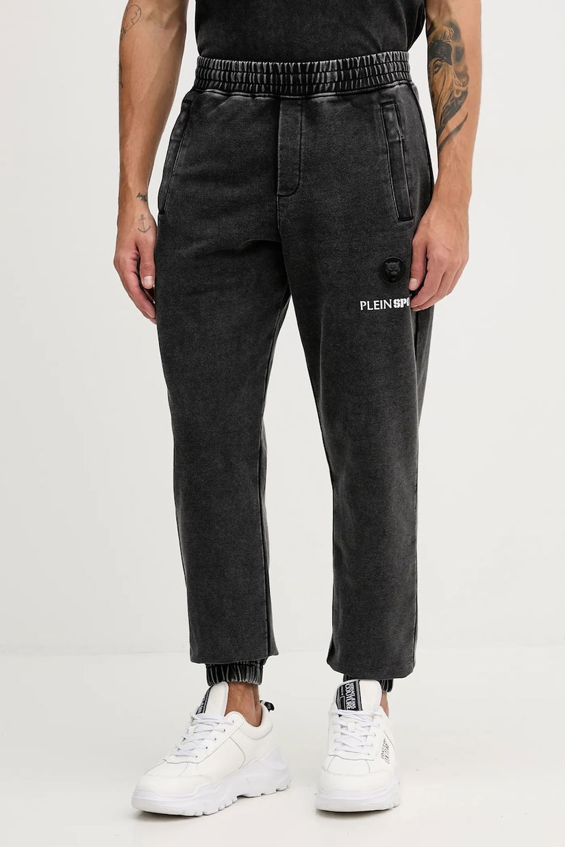 PLEIN SPORT pantaloni de trening din bumbac culoarea negru, cu imprimeu, FAEC MJT2647 SJY001N