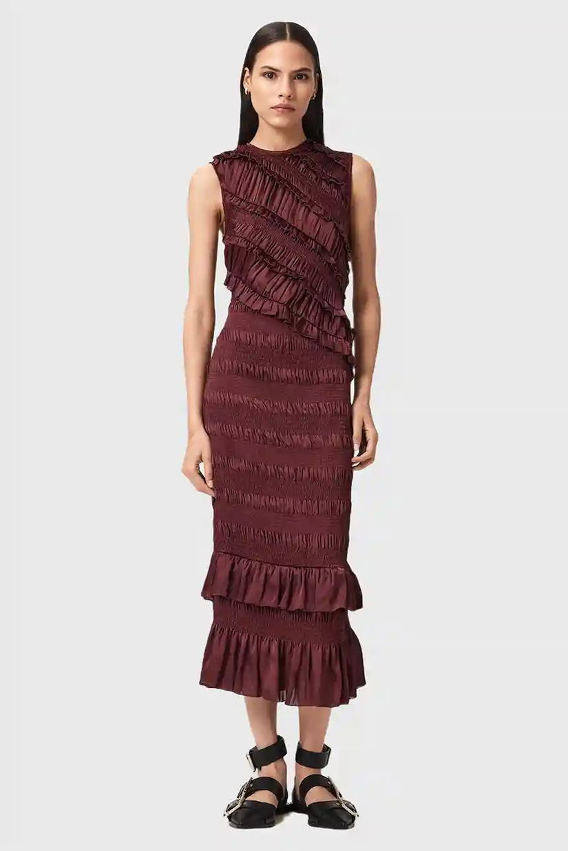 AllSaints rochie NYLA culoarea roșu, midi, mulată, W034DD