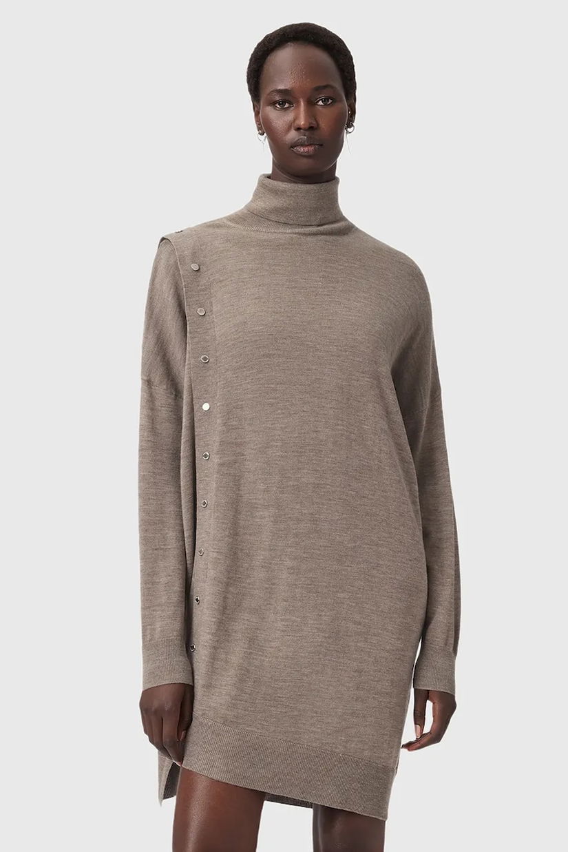 AllSaints rochie din lână UMI culoarea bej, mini, mulată, W071DD