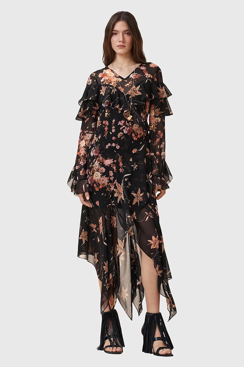 AllSaints rochie FRESCA culoarea negru, maxi, evazați, W021DD