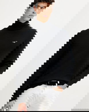 Gant pulover de bumbac culoarea negru, light, cu guler, 8030563