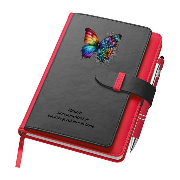 Agenda A5 rosie, Piksel, cu buzunar si suport carti de vizita, dictando, Fluture