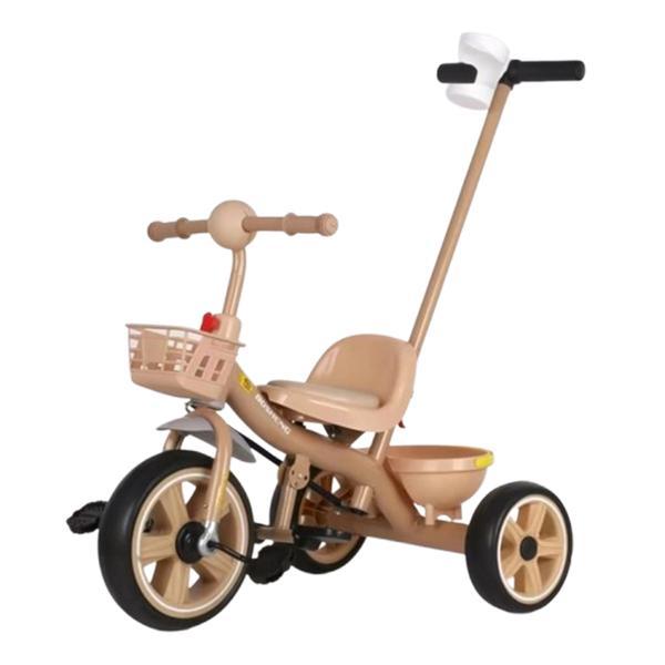 Tricicleta copii 2-5 ani cu maner parental detasabil, Crem, Suport picioare, Pahar si doua cosuri pentru jucarii