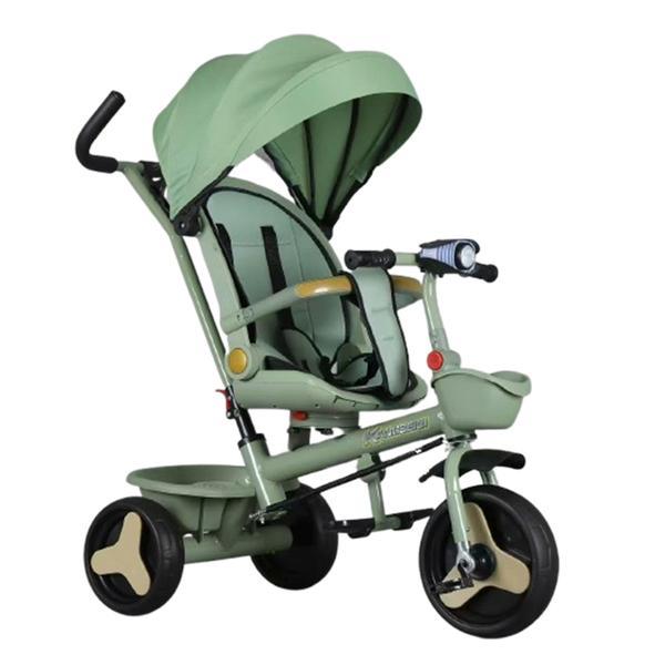 Tricicleta copii 4 in 1 cu maner parental, Stil carucior cu scaun pliabil pe spate, copertina si far LED, Verde, 1-5 ani